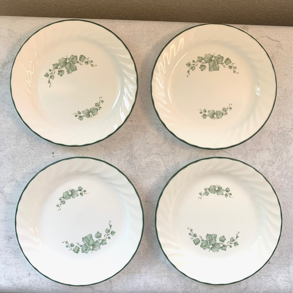 Corelle 7.25" Salad Plates Green Ivy White Good Set of 4‎ Scalloped Swirl Rim